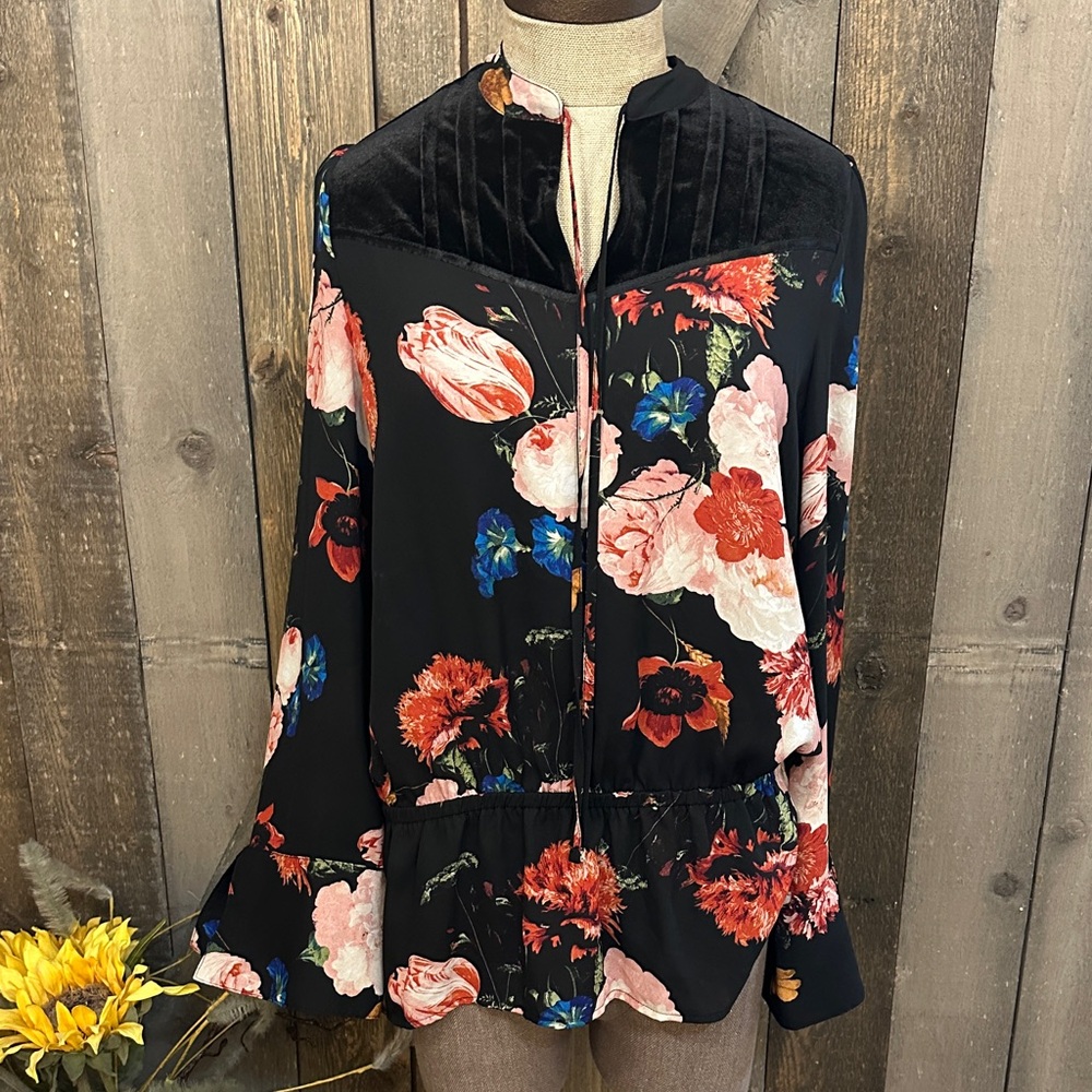 Worthington Dark Floral Romantic Velvet Peplum Blouse Cottage Goth Size Large